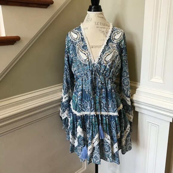 Miss June Kiara Mini Dress Womens Small Medium Blue White Paisley V-Neck Tassels - Picture 2 of 11